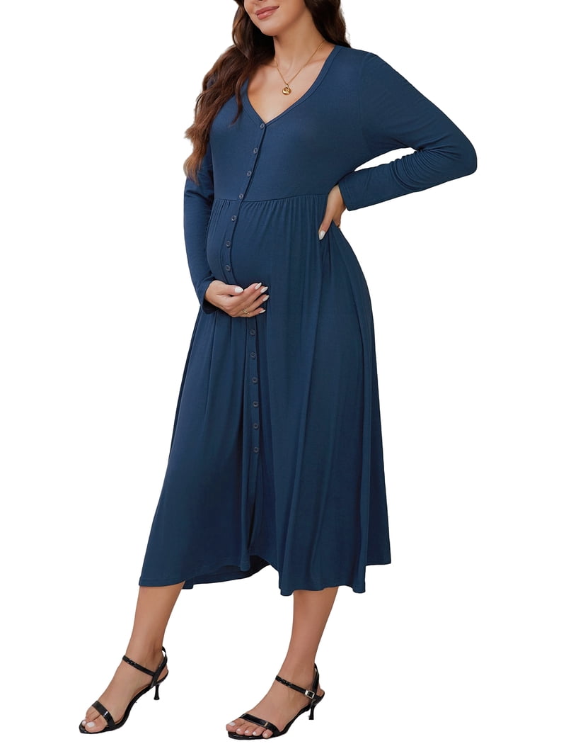 Inspire Chic Women's Maternity Dresses Button Pleated Knit Long Sleeve Photoshoot Pregnancy Maxi Dress L Blue, Size: Large, Black