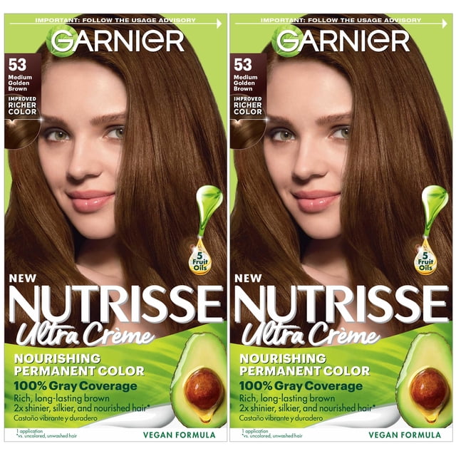 tinte para el cabello garnier nutrisse nourishing creme 53 medium golden brown Dos cajas frontales con mechones lisos de color castaño dorado medio; logotipo Garnier en la parte superior, número 53 y la leyenda "Medium Golden Brown" a la izquierda, ilustración de gota de aceite y aguacate abajo a la derecha y textos que resaltan "Nourishing Permanent Color", "100% Gray Coverage" y "Vegan Formula" en la franja inferior.