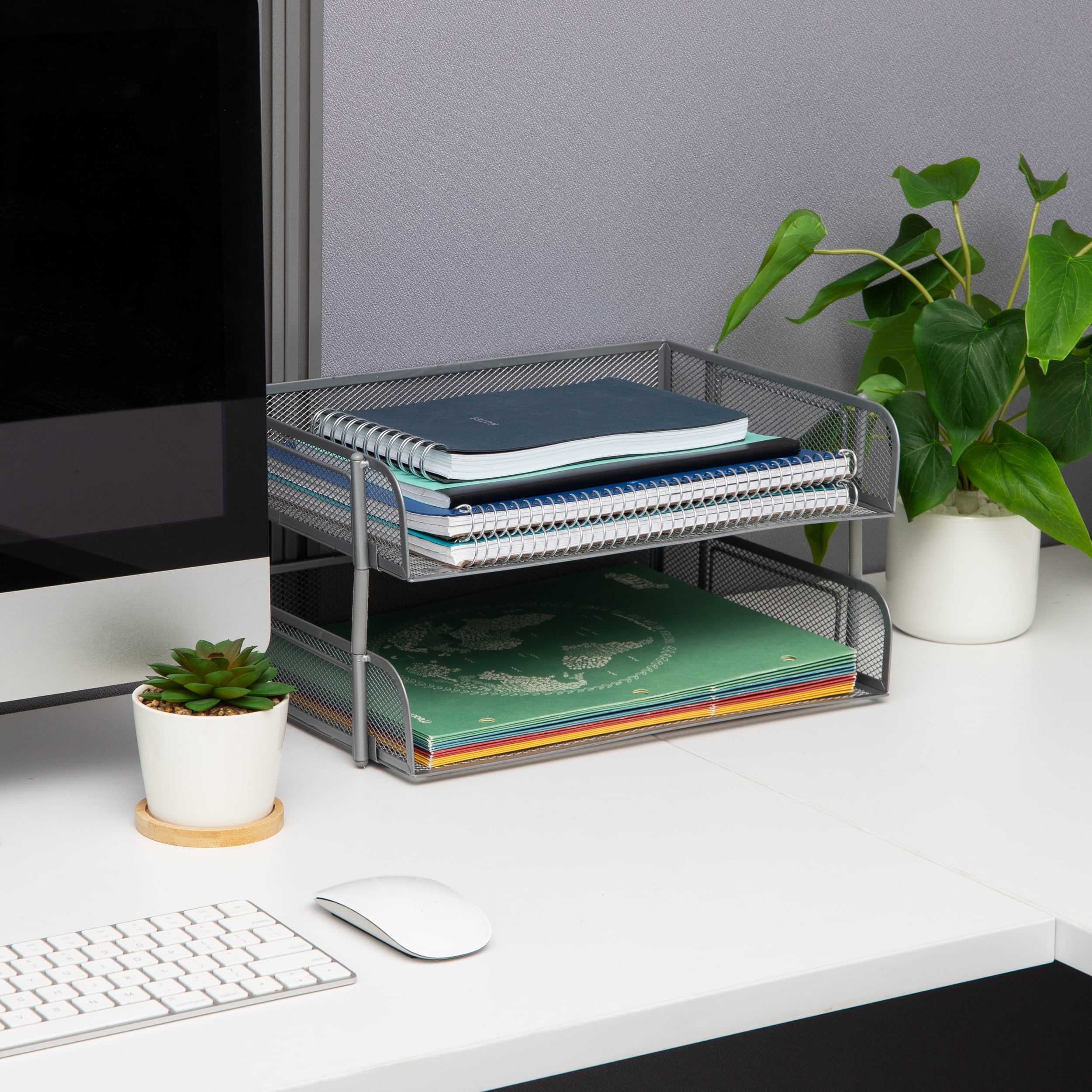 Mind Reader 2-Pack Stackable Metal Mesh File Holder Trays, Document Holder, Desktop File Organizer, Silver
