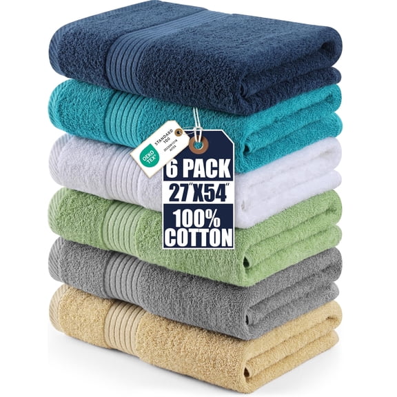Utopia Towels 6 Pack Bath Towels Set, 27 x 54 Inches 100% Ring Spun Cotton, Quick Dry, Highly Absorbent, Soft Feel Towels White, Cool Grey, Turqoise, Sage Green, Navy, Beige