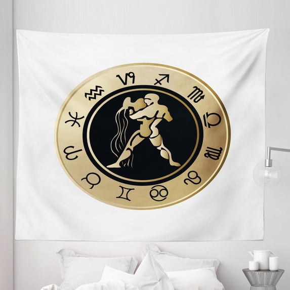 Zodiac Aquarius Tapestry, Horoscope Chart with 12 Signs Planets Sun Moon, Fabric Wall Hanging Decor for Bedroom Living Room Dorm, 5 Sizes, Sand Brown and Black, by Ambesonne