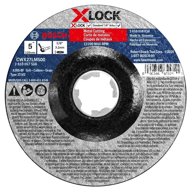 BOSCH CWX27LM500 5 pulgadas. x 1/8 pulg. Rueda abrasiva para corte de metal X-LOCK, grano 30, compatible con 7/8 pulg. Árbol tipo 27A (ISO 42) para aplicaciones de corte de metales