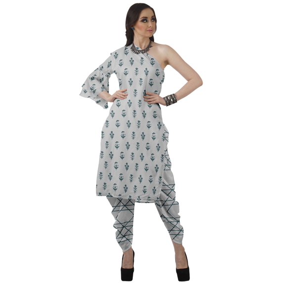 Moomaya Designer Printed One Shoulder Bell Sleeve Kurti w/ Pants Ethnic Clothing Sets For Women