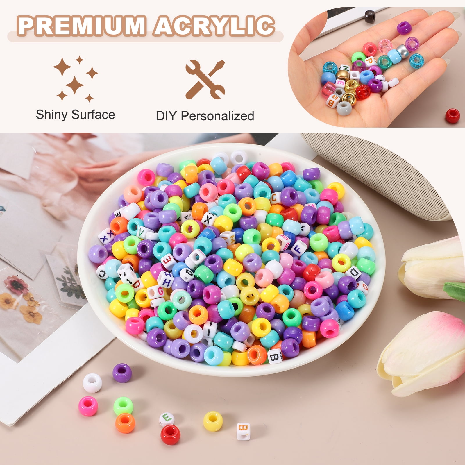 Uxcell 1000 Pcs Pony Beads 6 x 9 mm Acrylic Friendship Bracelet Making Kit with Letter Bead, Dark Multicolor