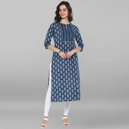Janasya Indian Round Neck 3/4 Sleeve Block Print Blue Cotton Kurta For Women