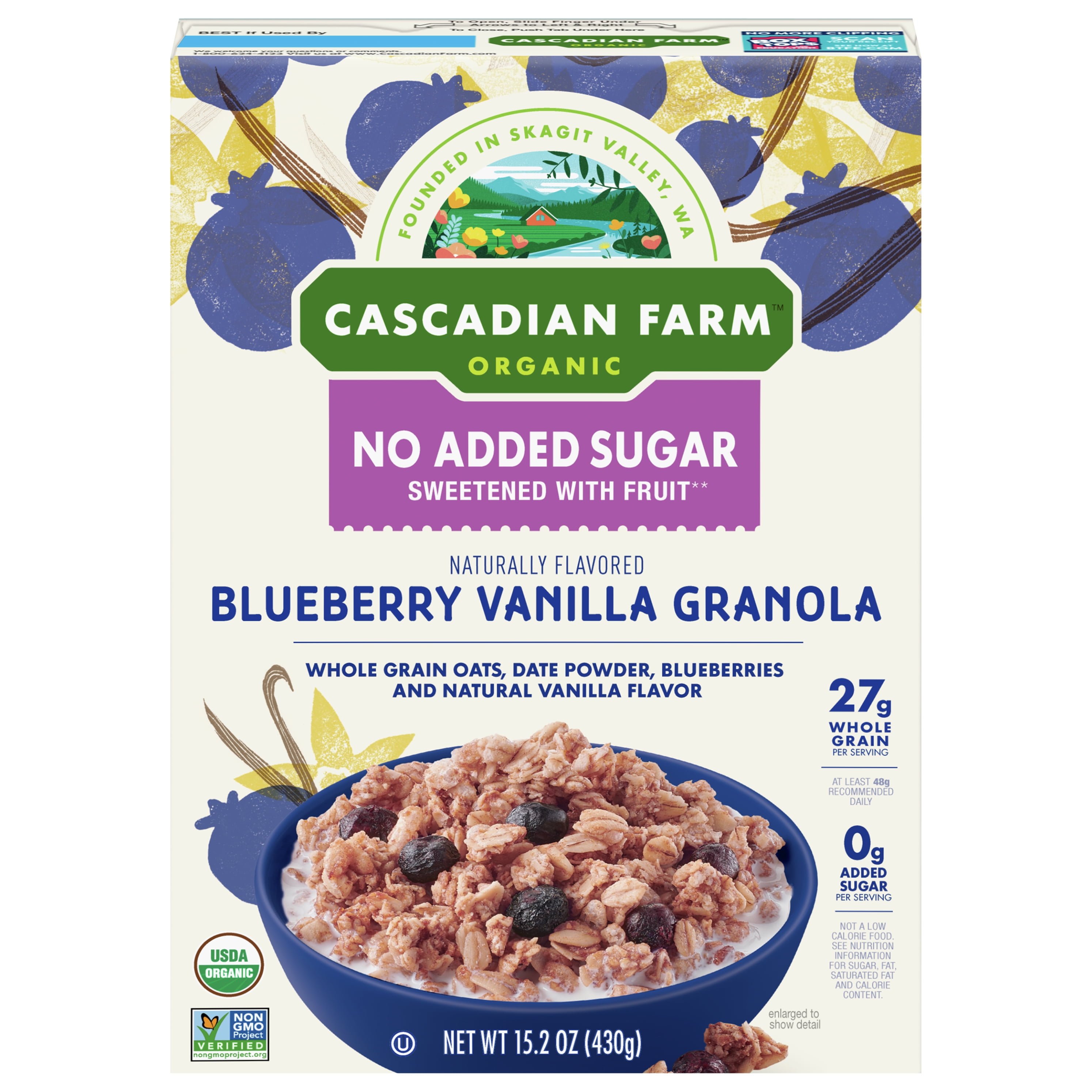 Cascadian Farm Organic Blueberry Vanilla Granola, No Added Sugar, 15.2 oz.