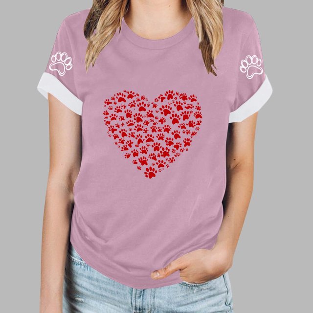 Soki T-Shirt d'Été à Manches Courtes Col Rond Imprimé Patte de Chien Cœur pour Femmes