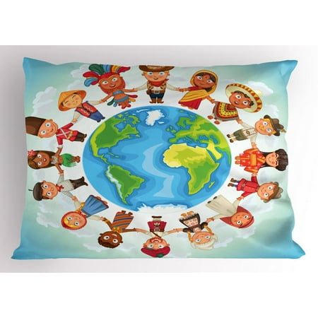 Earthy Pillow Sham, Planet Earth Surrounded with Children in Folk Costumes Cultural Diversity Ethnicity, Decorative Standard Queen Size Printed Pillowcase, 30 X 20 Inches, Multicolor, by Ambesonne