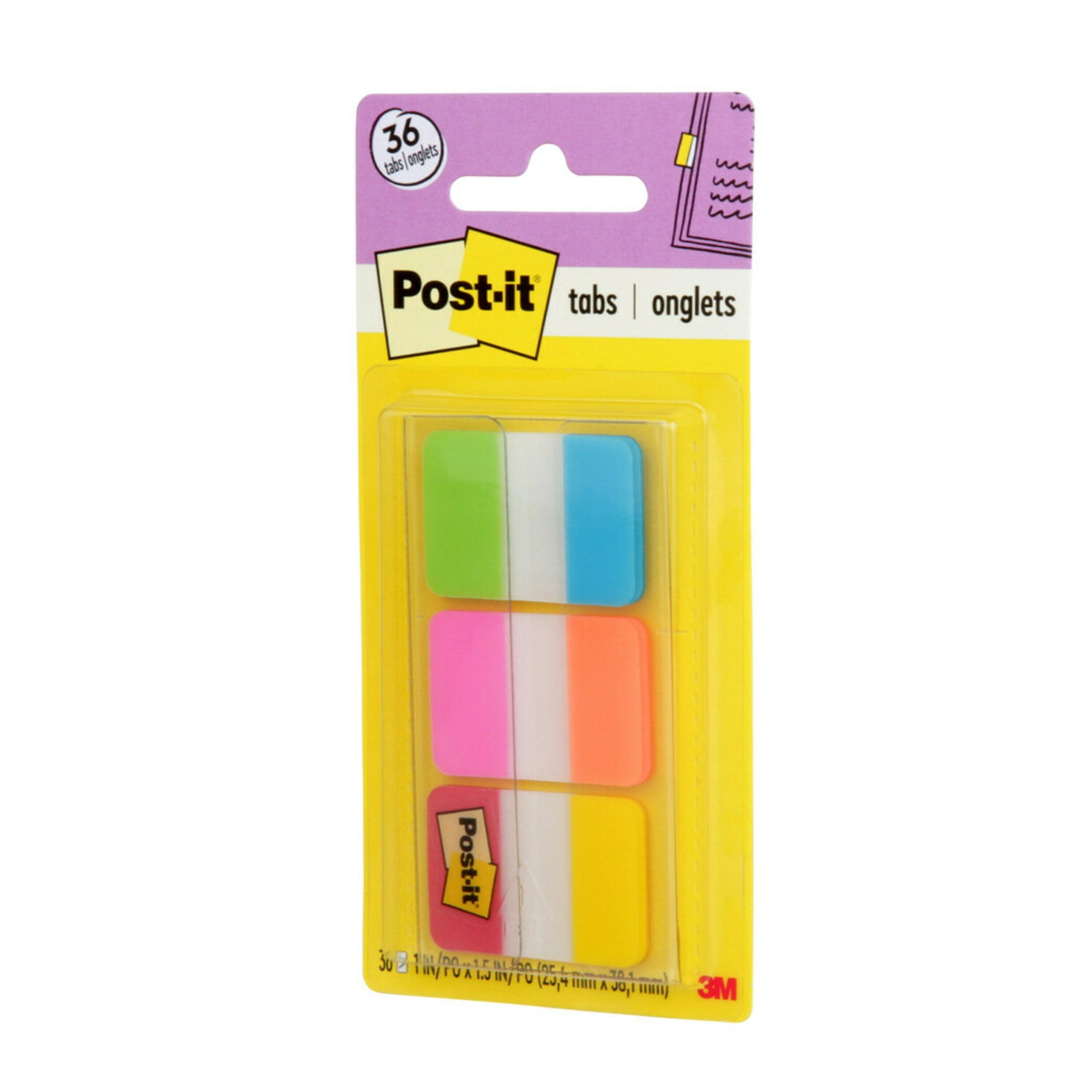 Post-it Tabs, 1" Wide Aqua, Yellow, Pink, Red, Green, Orange, 36 Tabs