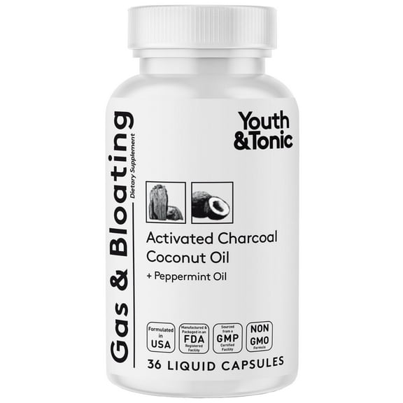 Youth & Tonic Activated Charcoal Capsules for Digestive Health 36 Caps