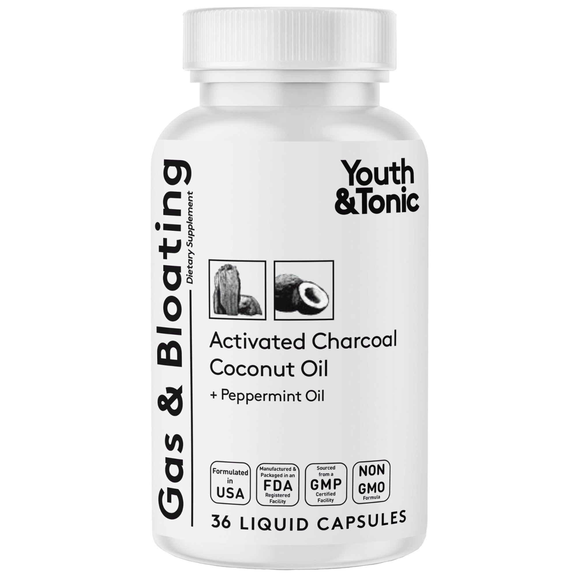 Youth & Tonic Tonic Activated Charcoal Capsules for Digestive Health and Detoxification, 36 Count