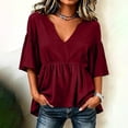 thumbnail image 4 of ClodeEU Women's Deep V Neck Ruffle Babydoll Blouse,Short Flare Sleeve Loose Peplum Tunic Top Wine,Women's Plus M, 4 of 5