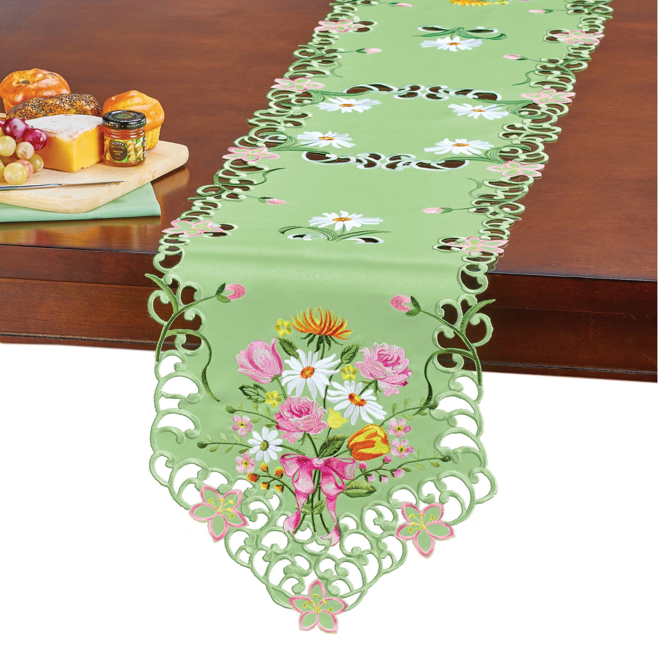 Beautiful Wildflower Bouquet Table Linens, Cream   Green - Intricate 