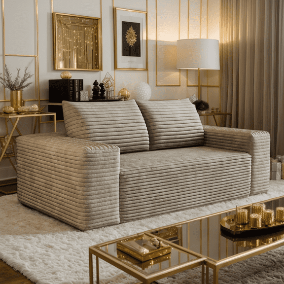 63" W Corduroy Boneless Couch, 2-Seater Compression Sofa with Deep Seat, No Assembly Required, Comfy Loveseat Sofa with 2 Pillows, Sofa Couches for Living Room/Apartment