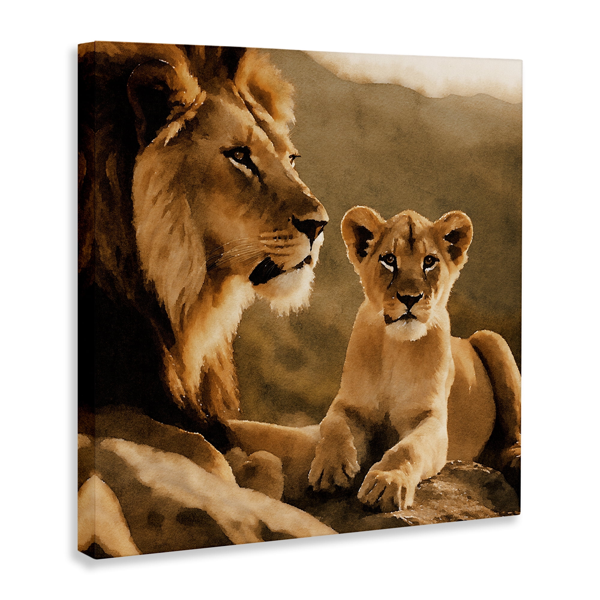 Stupell Industries Lion & Cub Portrait Animals Painting Wrapped Canvas Art Print Wall Art, 17 x 17