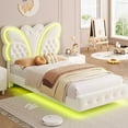 thumbnail image 1 of Homfa Twin Size Velvet Upholstered Bed with LED Lights, Floating Platform Bed Frame with Butterfly Crystal Button Tufted Headboard, Beige, 1 of 7