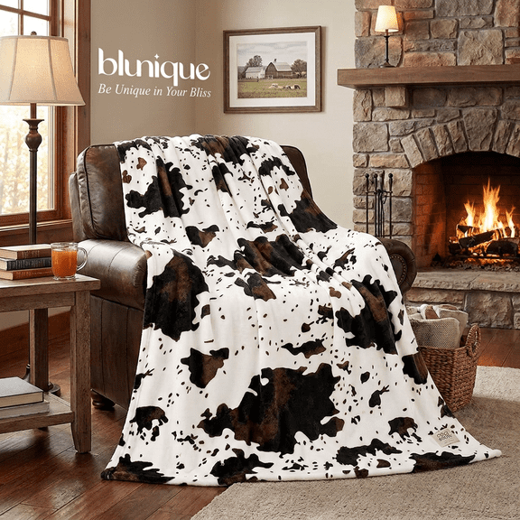 Blunique 66"x90" Cow Print Flannel Blanket, Ultra Soft Fleece Throw Blanket, All-Season Comfort, Farm Animal Pattern Home Decor for Sofa, Bed, Couch, Travel, White Twin XL
