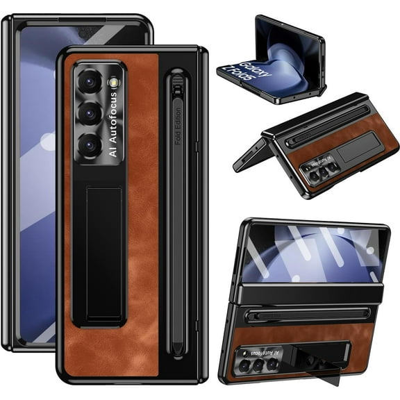 Case for Samsung Galaxy Z Fold 5 with Stylus & S Pen Holder, Kickstand Alloy CD Camera Protector Vintage Classic Leather Mil-Grade Protection Anti-Scratch Shockproof Protective Case, Brown