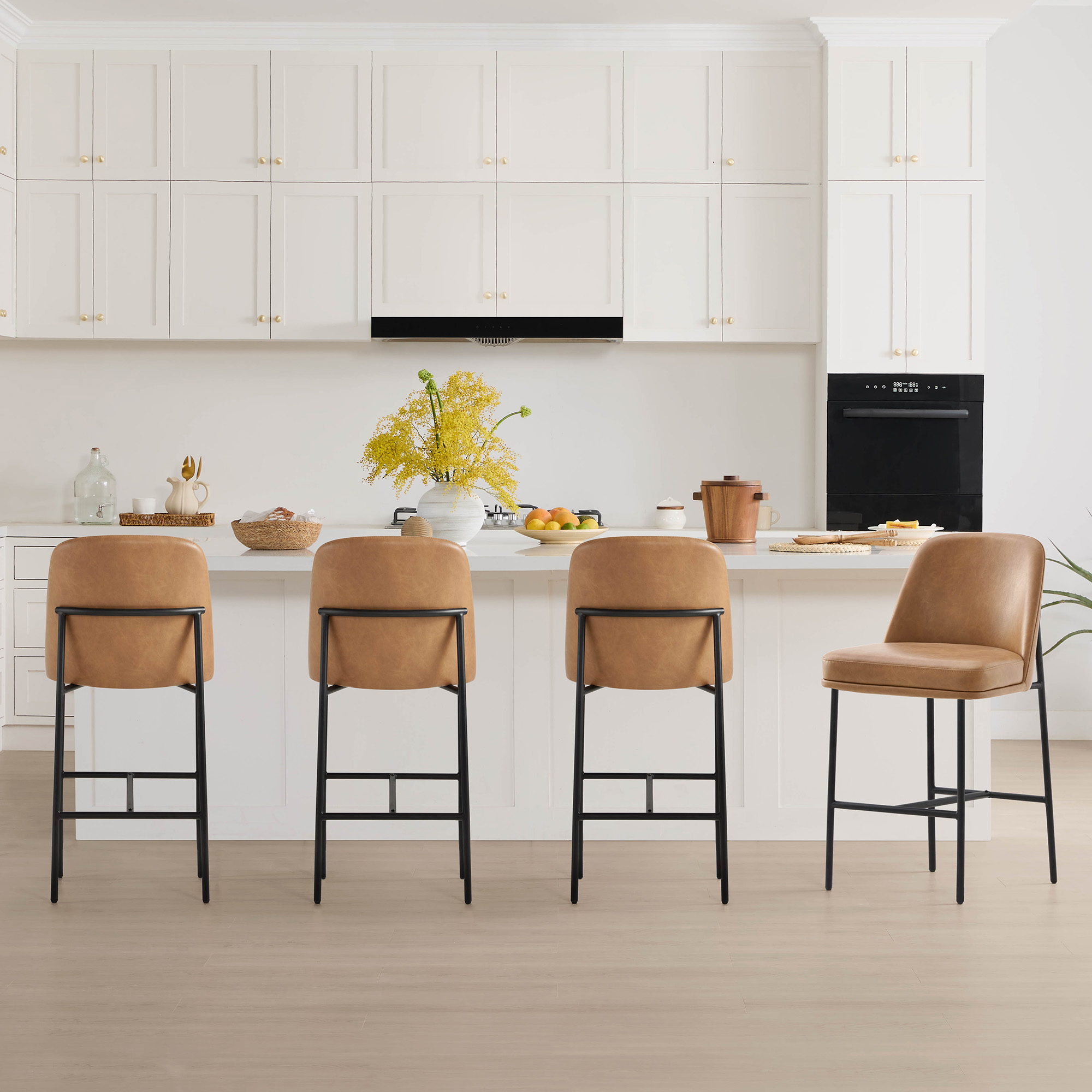 Spruce & Spring Modern 27-Inch Contemporary Counter Stool Set with Upholstered Seat and Metal Frame Set of 2, Cognac Faux Leather