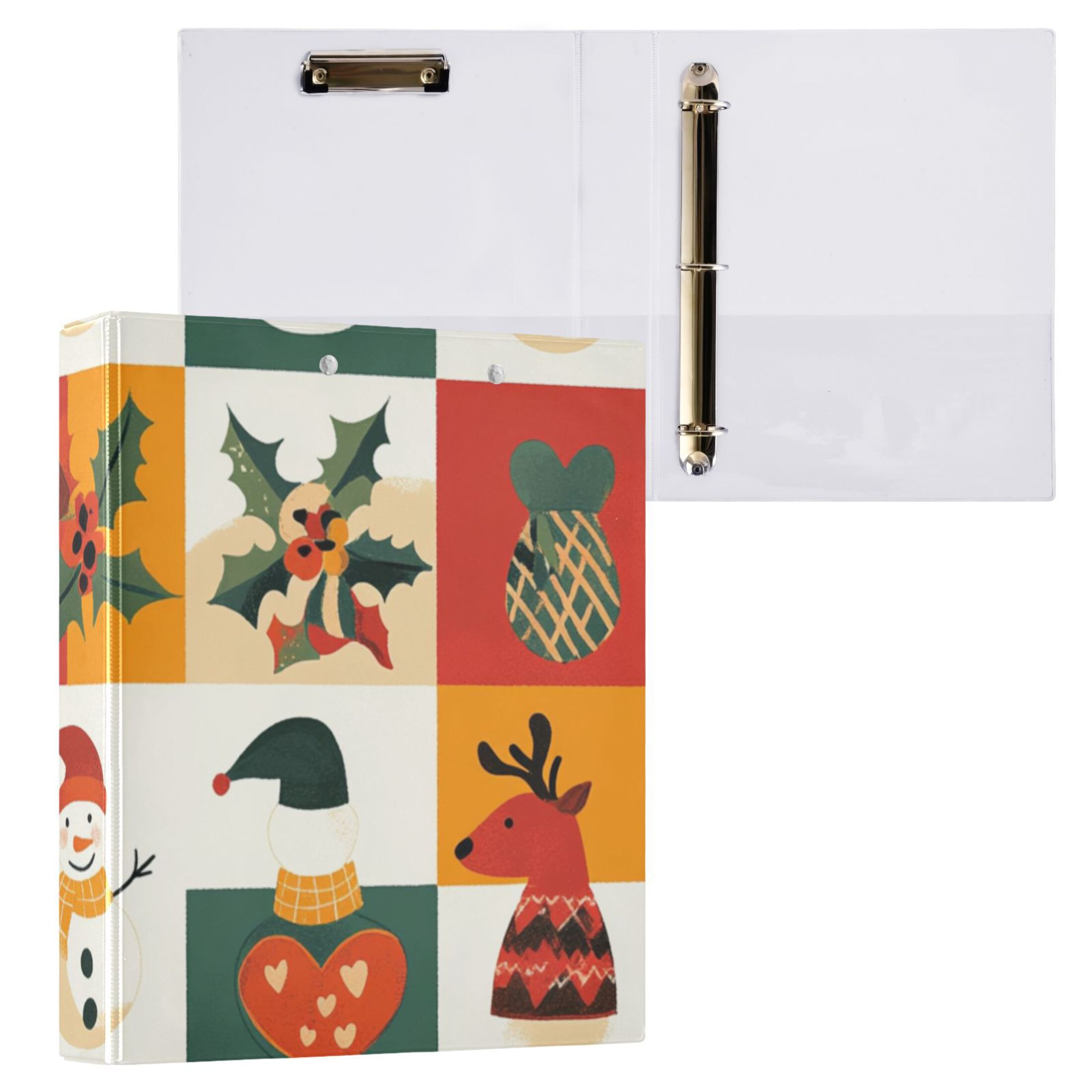 Christmas Snowmen Deers Squares 3 Ring Binders 1.5 inch Hardcover File Folders with Interior Pockets A4 Size Organizer for School Office Hospital