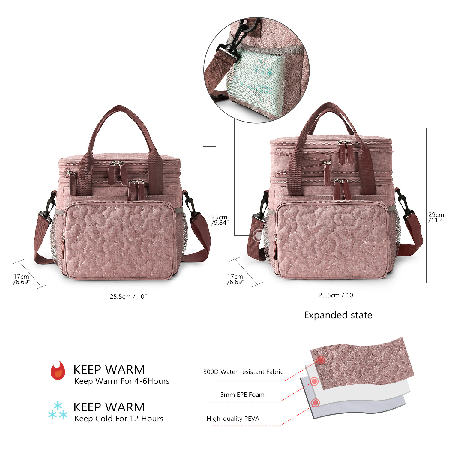 Insulated Lunch Bag Lunch Box Expandable Double Deck Cooler Bag Leakproof Side Tissue Pocket, Adjustable Shoulder Strap for Picnic Camping Hiking School Work, Pink