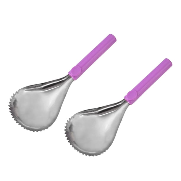 2 cucharas para hielo raspado de acero inoxidable con borde dentado para batidos. Herramienta fácil de usar. Mango morado