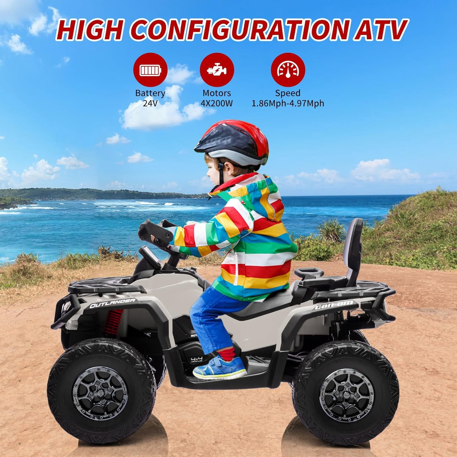 24V Licensed Can-Am Electric ATV for Kids,2 Seater Ride On Car Toy, 4WD Ride On Car with Bluetooth, Led Lights, Leather Seats, and 5 Mph Max Speed
