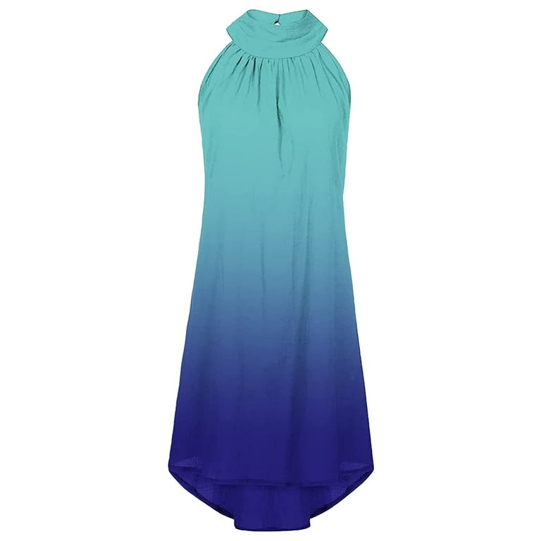 Outfmvch Womens Dresses Summer Sleeveless Halter Neck Sun Flowy Knee Length Irregular Beach Casual Dress Blue L, Women's, Size: Large