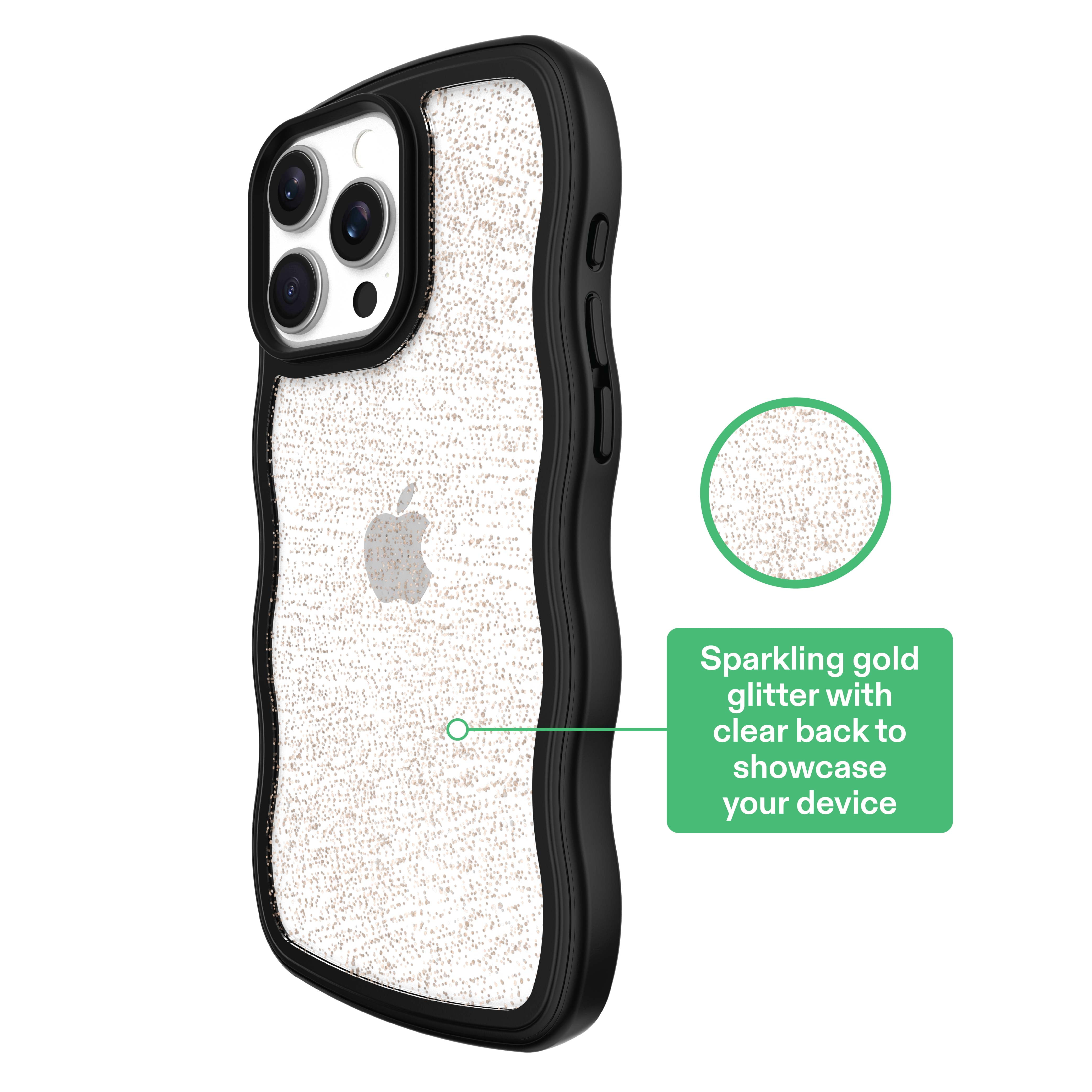 onn Wavy Grip Phone Case for iPhone 16 Pro - Black/Gold Glitter