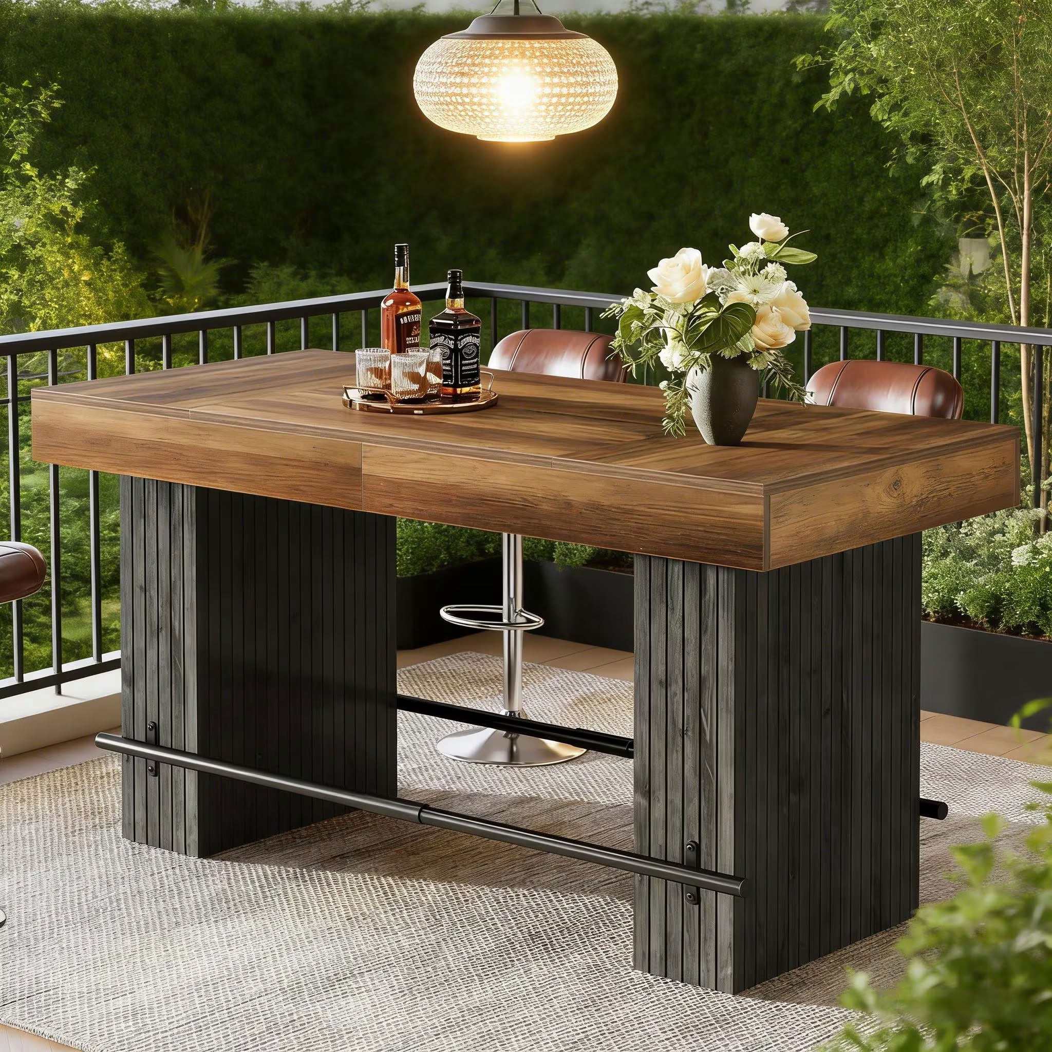 MAYEERTY 62" Industrial Bistro Bar Table, Pub Table with Metal Footrest, Counter Height Table for Home Bar, Kitchen and Living Room