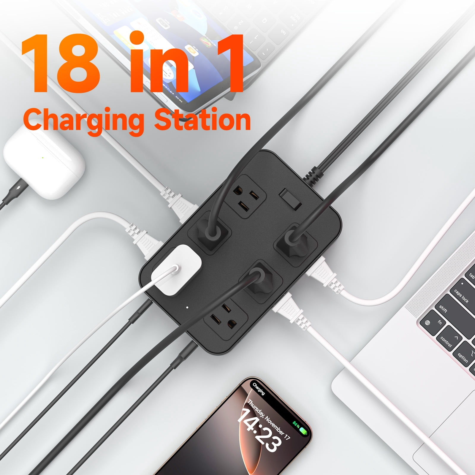 US 18 in 1 Charging Station Power Strip Flat Plug with 12 Outlets 6 USB Flat Plug Outlet Extender for Home Office Dorm
