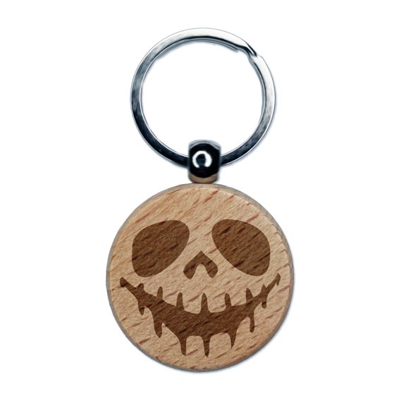 Spooky Skeleton Smile Face Halloween Round Keychain Charm Tag - Engraved Wood