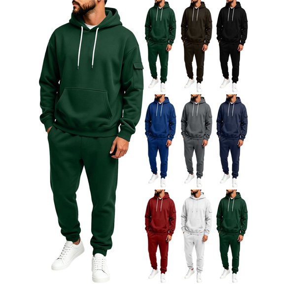 Mens Sweatsuits 2 Piece Set Loose Solid Color Hooded Sweatshirts And Sweatpant Sets Athletic Sweatsuits Set for Men Jogger Sweatsuit Army Green M