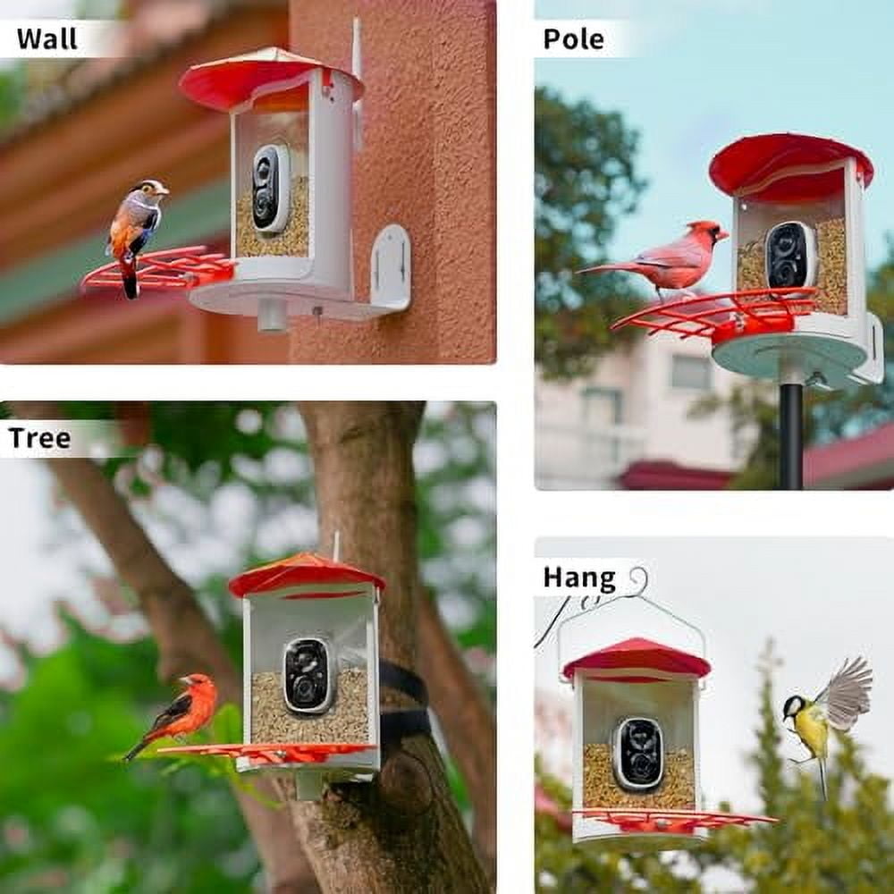 Birdkiss Smart Bird Feeder with Camera, Metal Squirrel Proof Bird Watching Cameras with AI Identification & Solar Panels, Gifts for Bird Lovers, Red