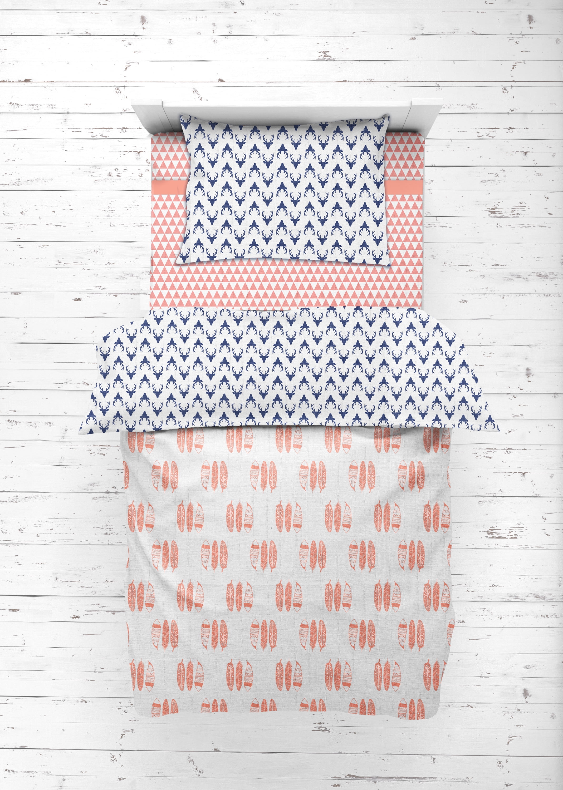 Small Orange/Navy Bacati Aztec/Tribal Triangles 3 Piece Cotton Breathable Muslin Toddler Bedding Sheet Set 