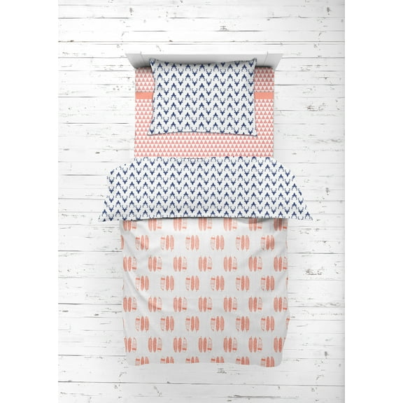 Bacati - Olivia Tribal Coral/Navy Buck/Feathers/Triangles 100% Cotton Muslin 4-Piece Toddler Bedding Set