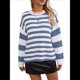 thumbnail image 2 of Suéter de Rayas para Mujer, Jersey de Cuello Redondo, Tejido de Punto Acanalado de Larga, Moderno, Informal, Suave. Azul M, 2 of 8