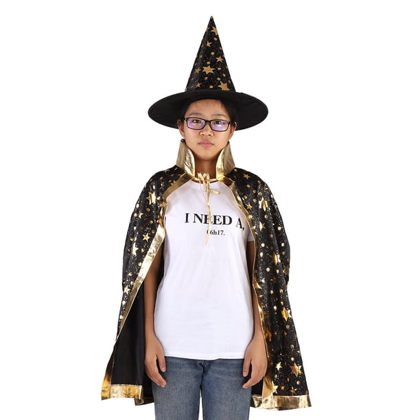 Juego de sombrero de capa de mago brujo para niños material de tela con patrón de estrella brillante atractivo juego de sombrero de capa de Halloween para cosplay para