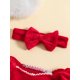 thumbnail image 3 of Conjunto navideño de terciopelo con ribete de piel para niñas pequeñas, mono de Papá Noel y diadema, 3 of 6