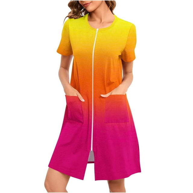 Peignoir Court à Fermeture Éclair pour Femmes, Chemises de Nuit à Manches Courtes avec Poches, Imprimé Dégradé, Mignonne Robe de Nuit, Robe de Chambre Multicolore TTG