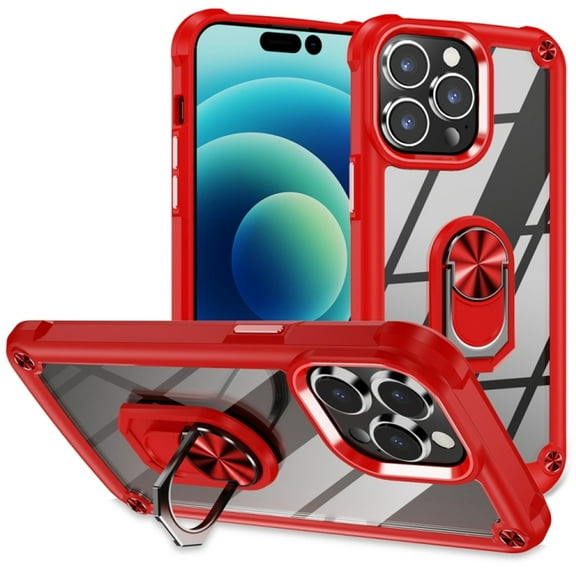 Tough Shield Snap-on Transparent Case with Ring Grip for iPhone 15 Pro Max - Red