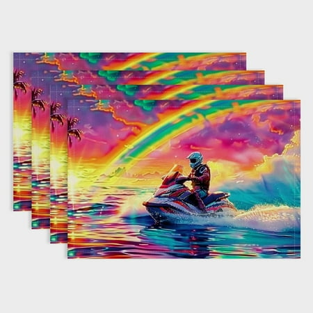 

Shiartex Rainbow Jet Ski Linen Table Mats Set of 4 for Dining Kitchen Restaurants and Office Use 18x12in