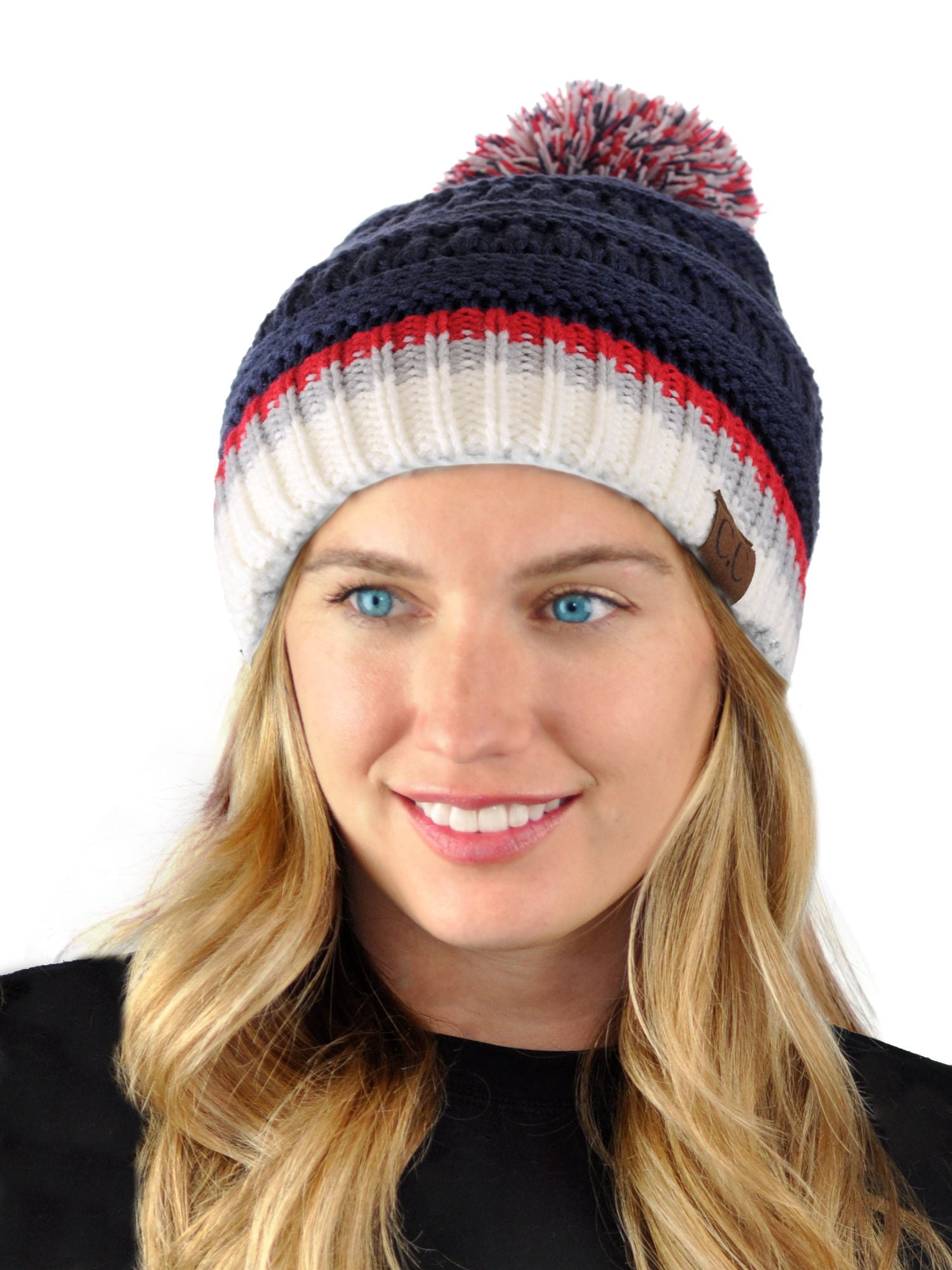 C.C Unisex Pom Pom Knit Beanie - Two-Tone College Team Color Hat, Nautical Blue/White