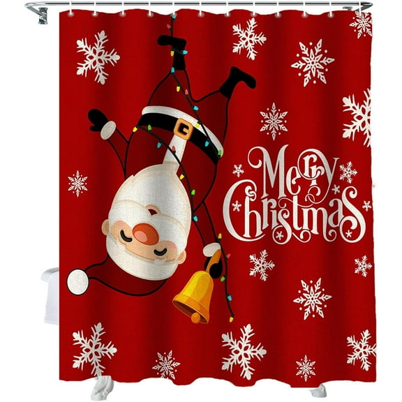 Red Merry Christmas Shower Curtain, Funny Hanging Santa Shower Curtains Set with Hooks, Snow Winter Holiday Waterproof Fabric Bathroom Curtains Decor Home Accessories,72 X 72 Inch Long