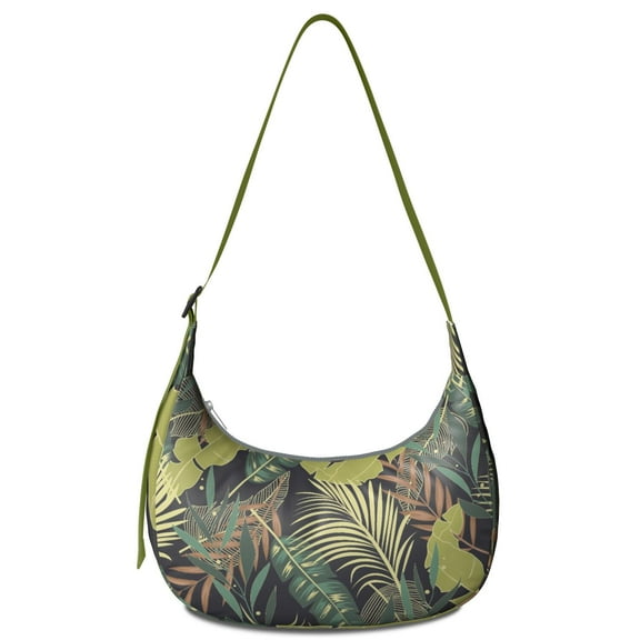 Hawaiian Floral Palm Inspired Crossbody Bag for Women Tropical Plant Corduroy Shoulder Purse with Adjustable Strap Jungle Leaves Crescent Sling Bag