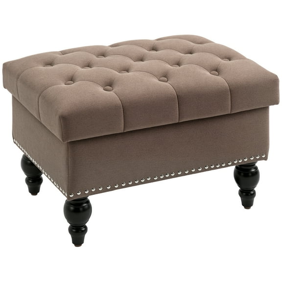 Homiyad Ottoman with Storage for Living Room, 25" Storage Ottoman with Removable Lid, Button-Tufted Fabric Bench for Footrest and Seat with Wood Legs, Coffee