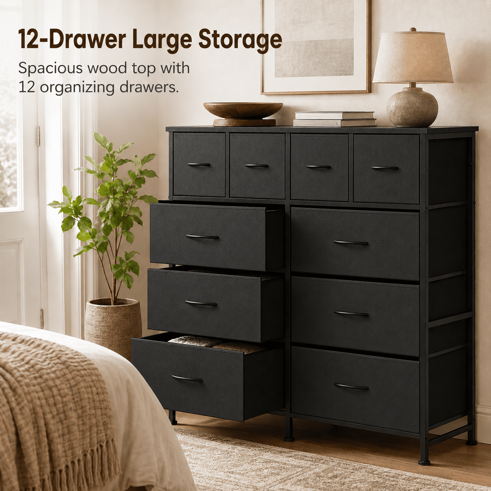 Alvantor 12-Drawer Dresser, Fabric Storage Tower for Bedroom, Hallway, Entryway, Closet, Tall Chest Organizer Unit with Fabric Bins, Steel Frame, Wood Top, Easy Pull Handle