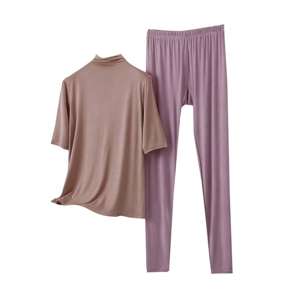 Bixock Women Pajamas Set High Neck Half Sleeve Long Pants Loungewear Set Solid Color Casual Summer Fall Wear