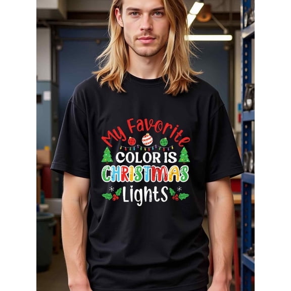 Greenink Christmas Lights Lover's Festive Black T-shirt, 100% Cotton Fabric,Crew Neck,Short Sleeve,Regular Fit,All-season casual wear for man and teens-perfect for running, hi
