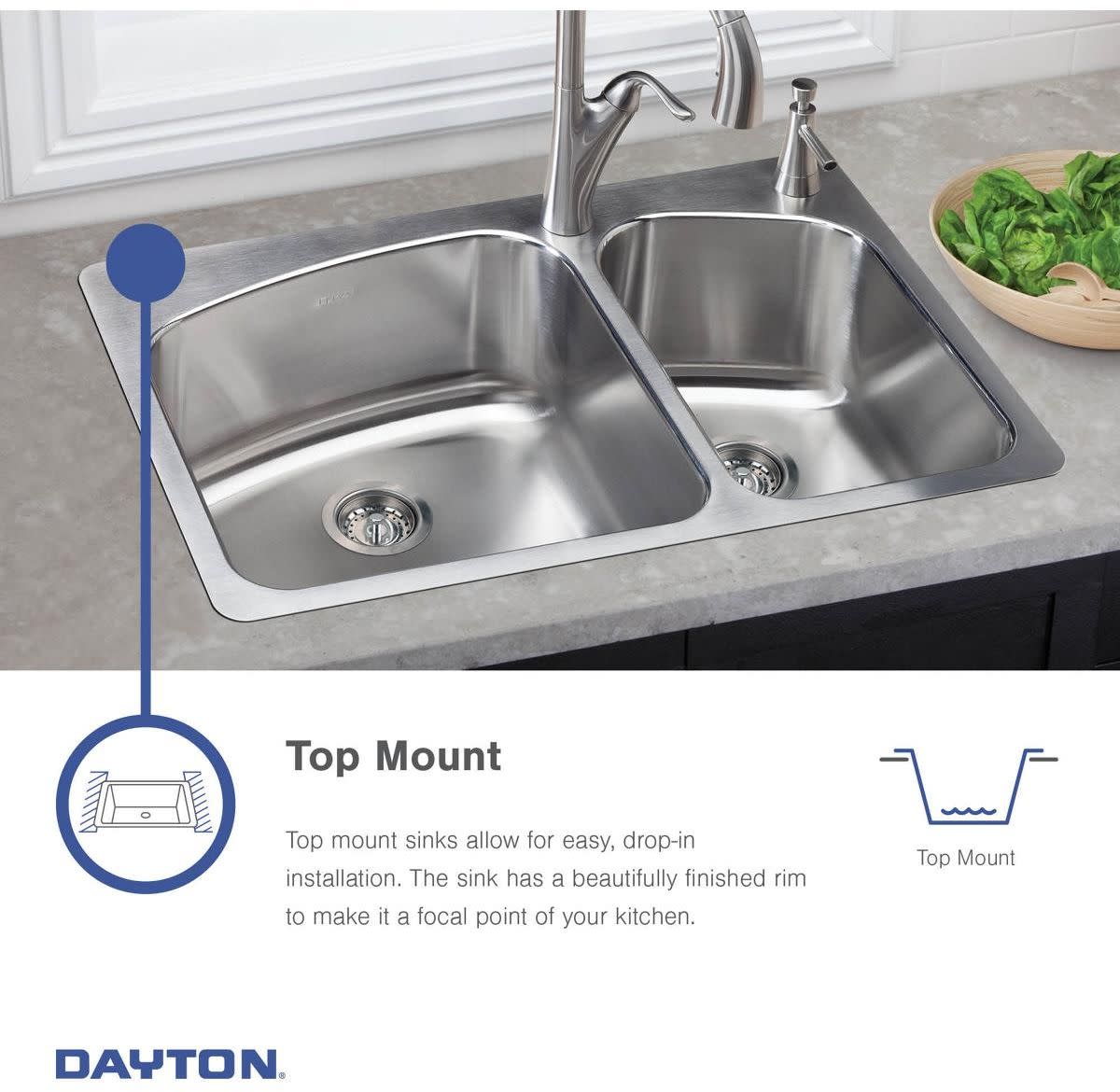 Elkay D233212 Dayton 33 x 21-1/4 x 6-9/16 Equal Double Bowl Drop-in Kitchen Sink, 2 Holes, 22-Gauge Stainless - image 4 of 7